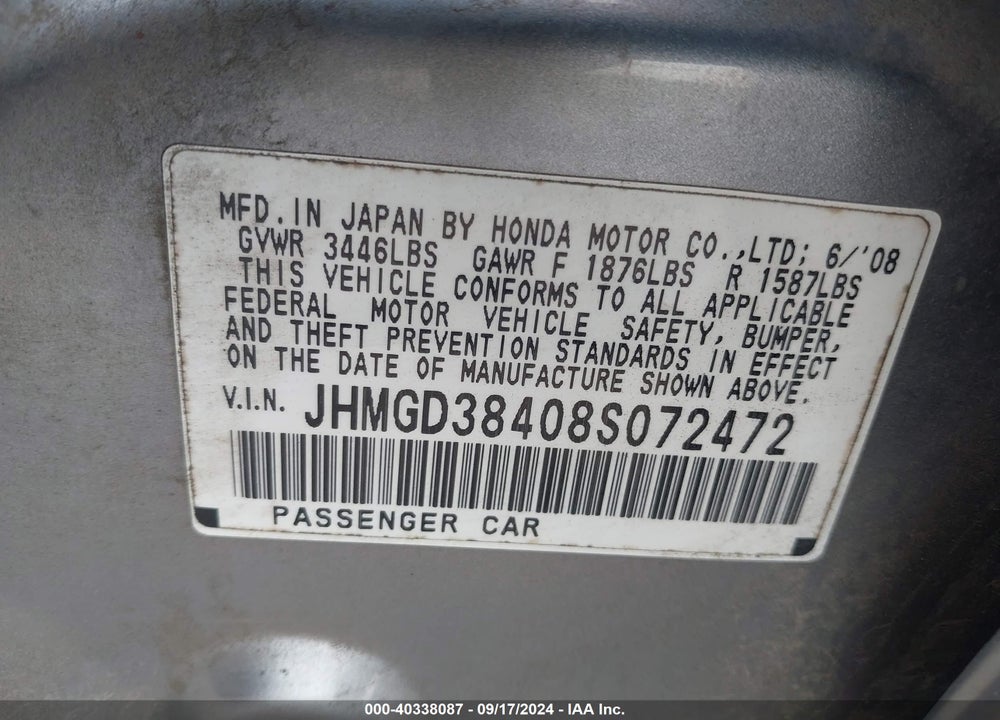 2008 HONDA FIT VIN: JHMGD38408S072472