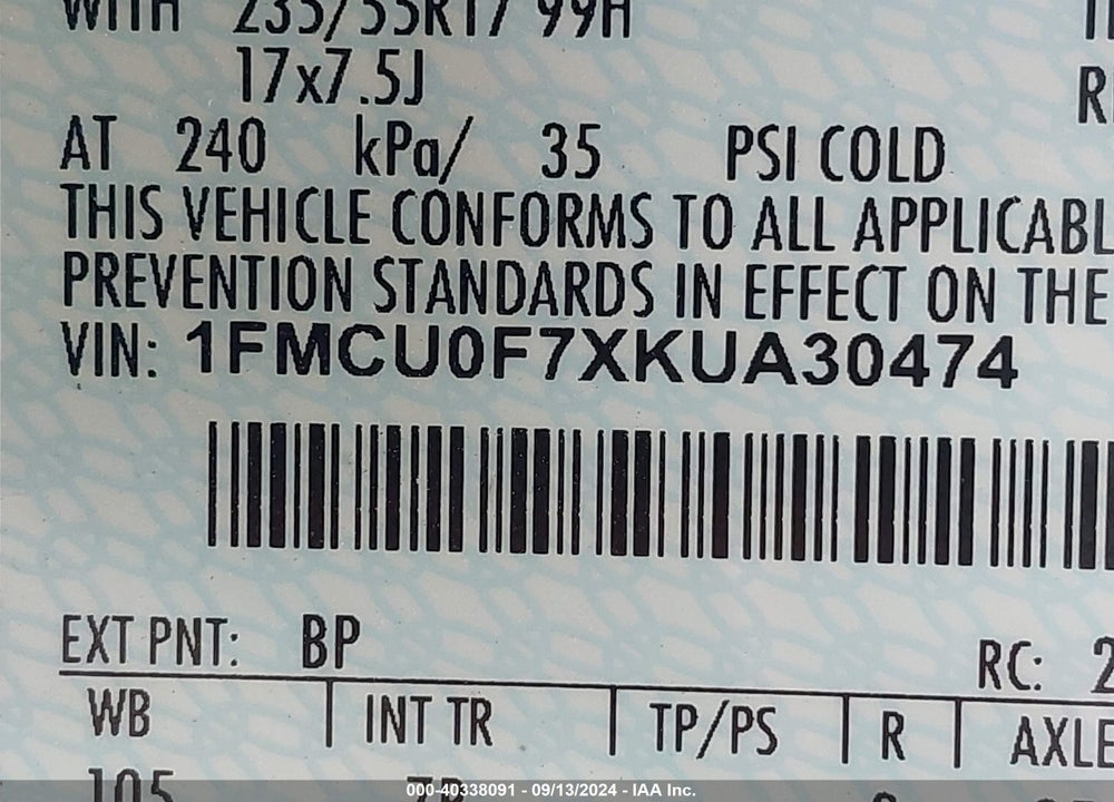 2019 FORD ESCAPE S VIN: 1FMCU0F7XKUA30474