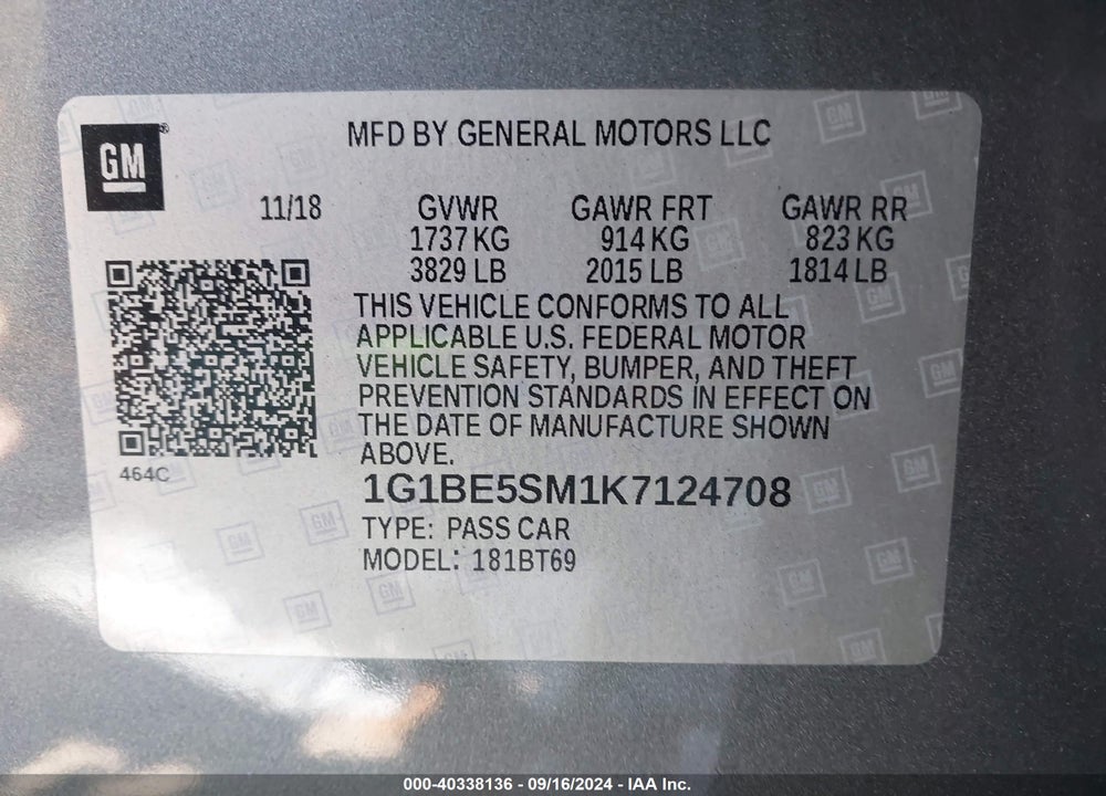2019 CHEVROLET CRUZE LT VIN: 1G1BE5SM1K7124708