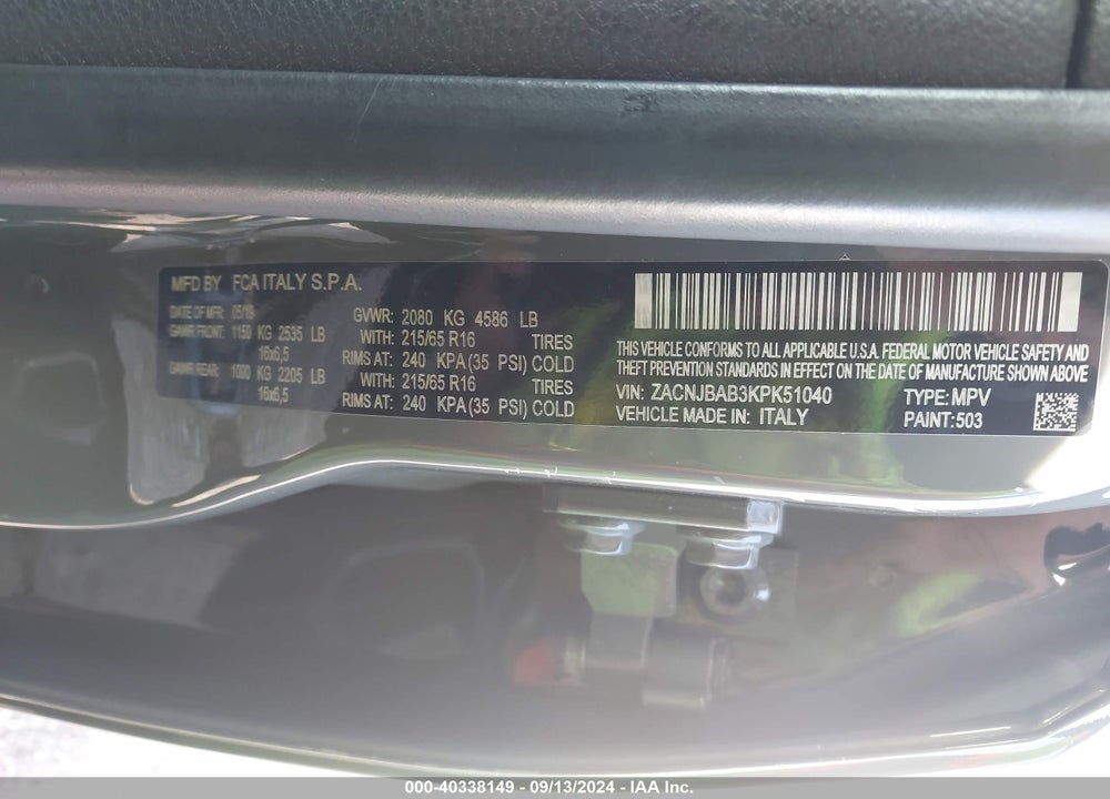2019 JEEP RENEGADE SPORT 4X4 VIN: ZACNJBAB3KPK51040