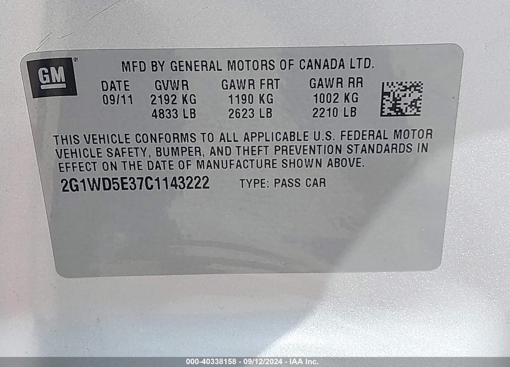 2012 CHEVROLET IMPALA VIN: 2G1WD5E37C1143222