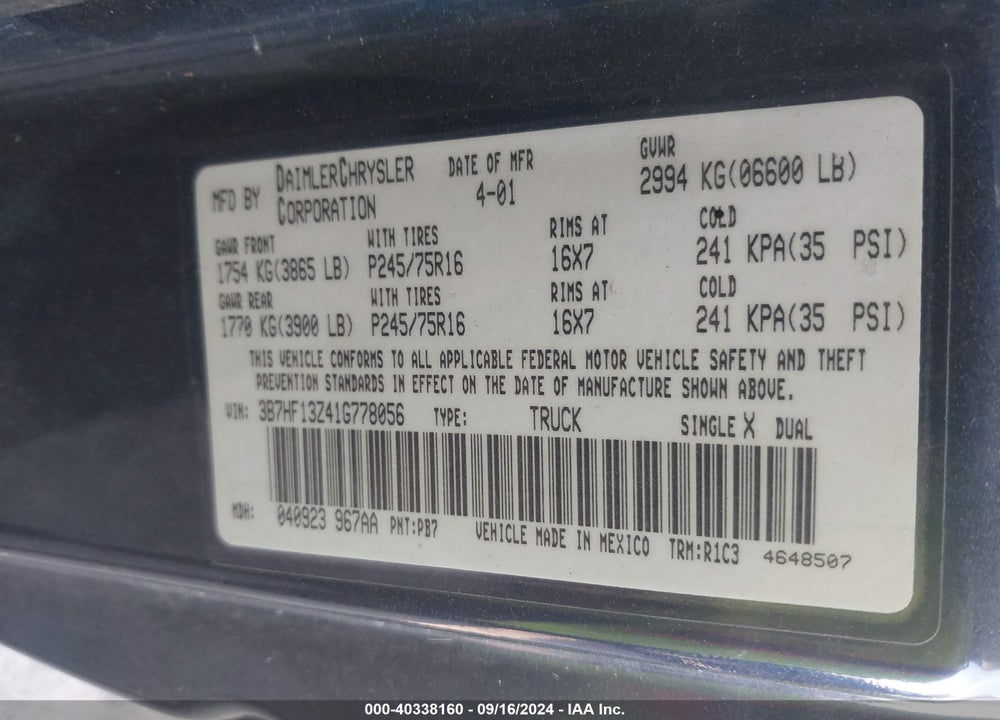 2001 DODGE RAM 1500 ST VIN: 3B7HF13Z41G778056