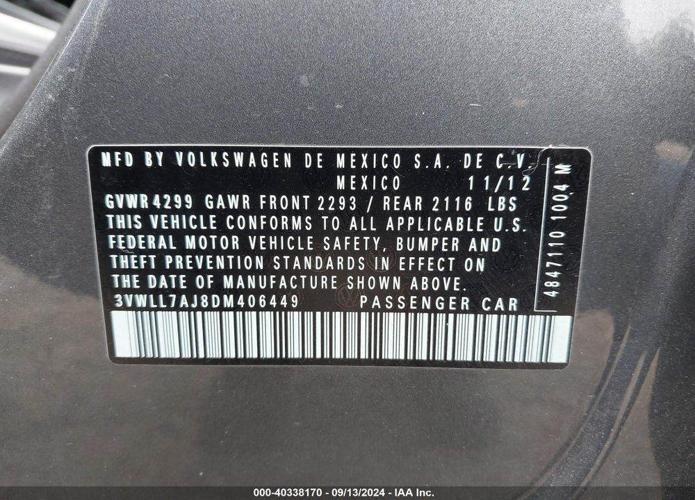 2013 VOLKSWAGEN JETTA 2.0L TDI VIN: 3VWLL7AJ8DM406449