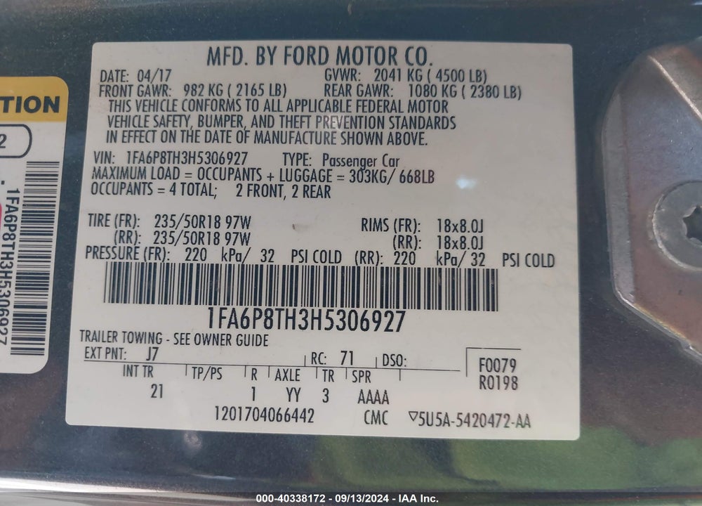 2017 FORD MUSTANG ECOBOOST VIN: 1FA6P8TH3H5306927