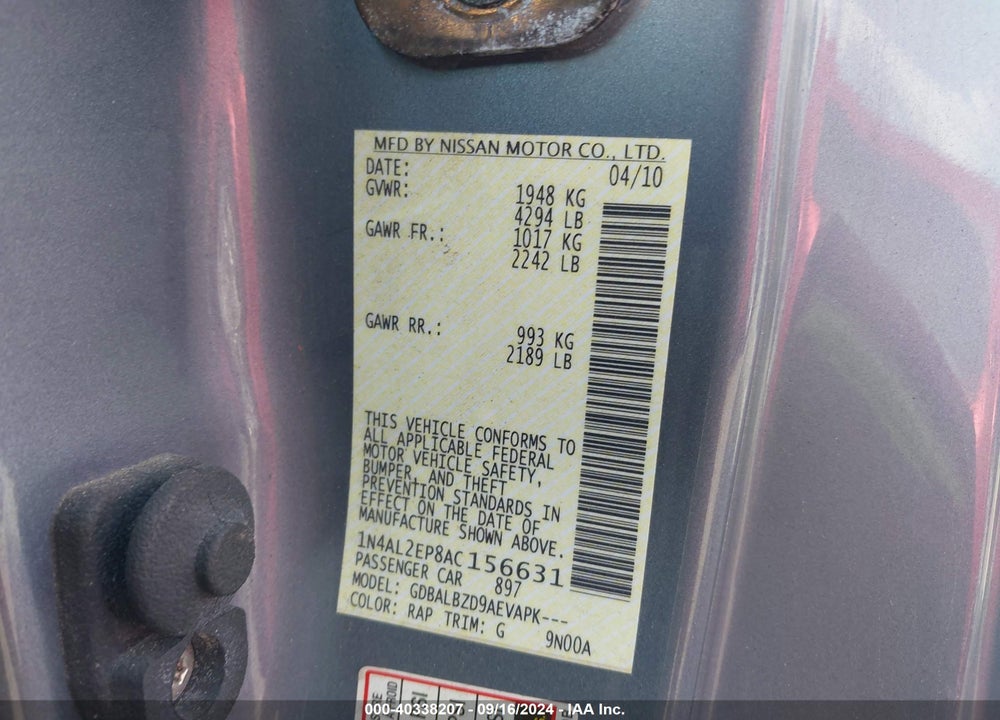 2010 NISSAN ALTIMA VIN: 1N4AL2EP8AC156631