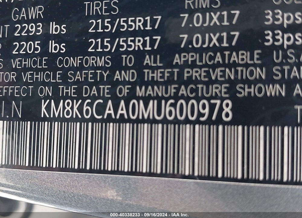 2021 HYUNDAI KONA SEL PLUS VIN: KM8K6CAA0MU600978