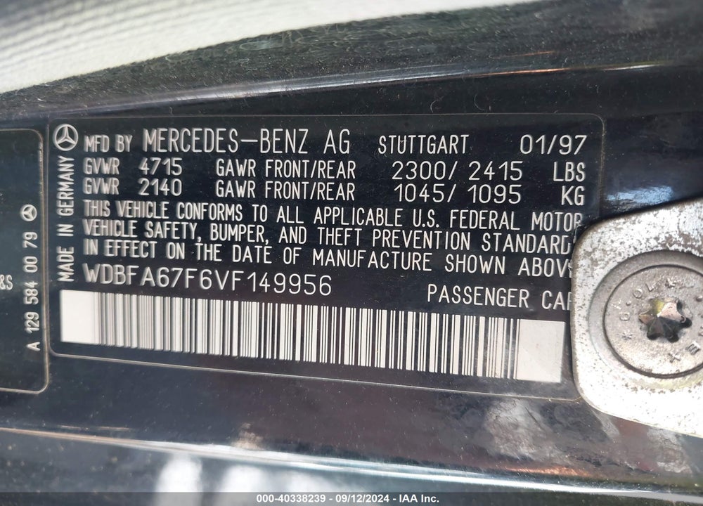 1997 MERCEDES-BENZ SL 500 VIN: WDBFA67F6VF149956