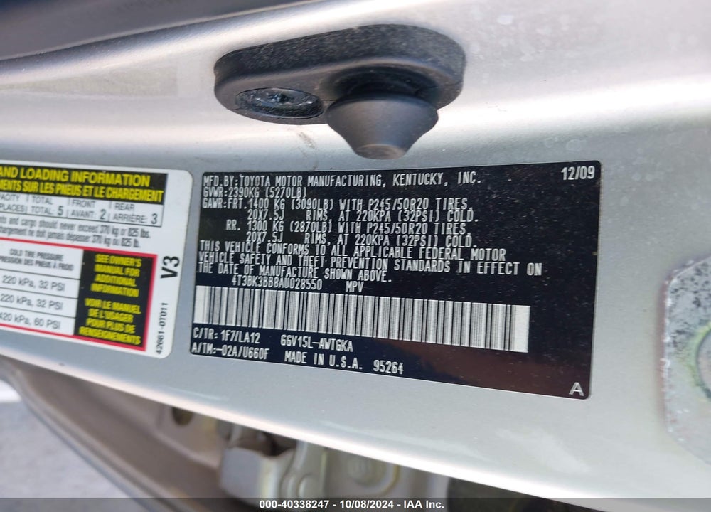 2010 TOYOTA VENZA BASE V6 VIN: 4T3BK3BB8AU028550
