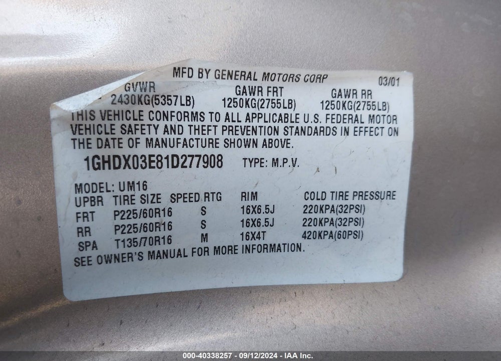 2001 OLDSMOBILE SILHOUETTE GLS W/ABC SEATS VIN: 1GHDX03E81D277908