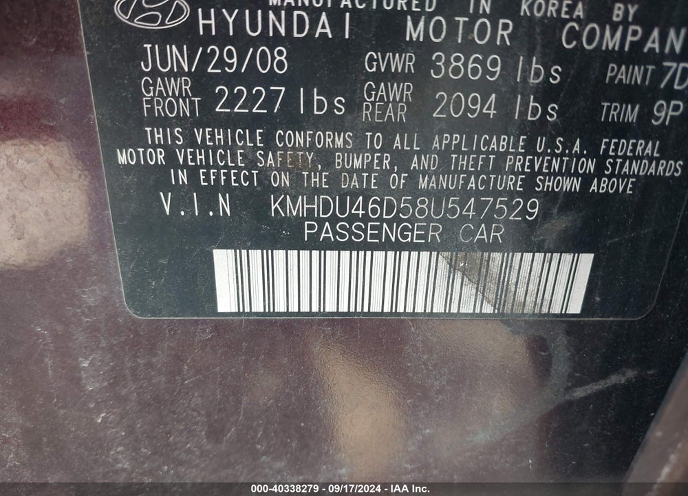2008 HYUNDAI ELANTRA GLS/SE VIN: KMHDU46D58U547529