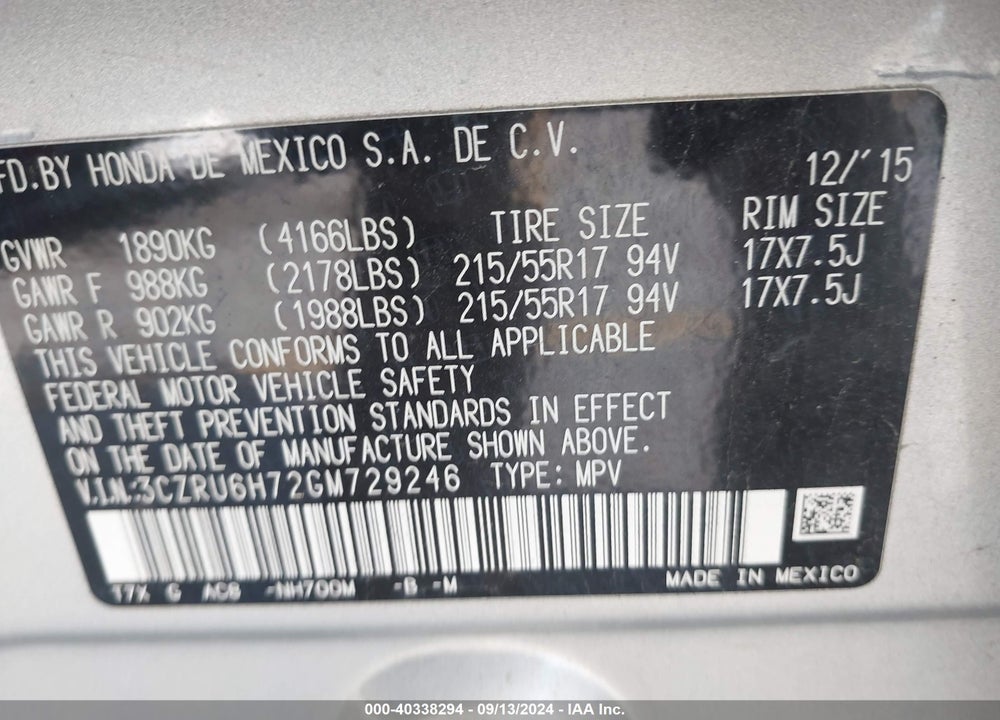 2016 HONDA HR-V EX-L VIN: 3CZRU6H72GM729246