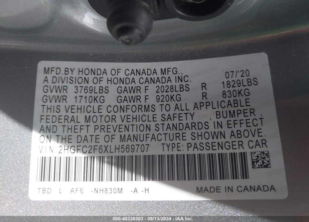 2020 HONDA CIVIC LX VIN: 2HGFC2F6XLH569707