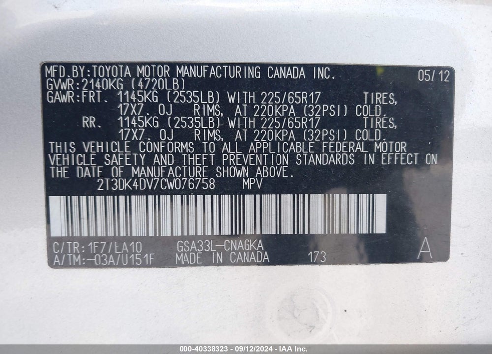 2012 TOYOTA RAV4 LIMITED V6 VIN: 2T3DK4DV7CW076758