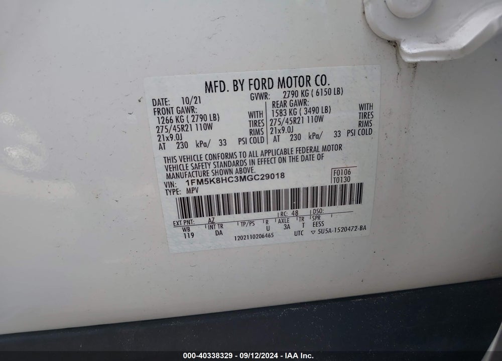2021 FORD EXPLORER PLATINUM VIN: 1FM5K8HC3MGC29018