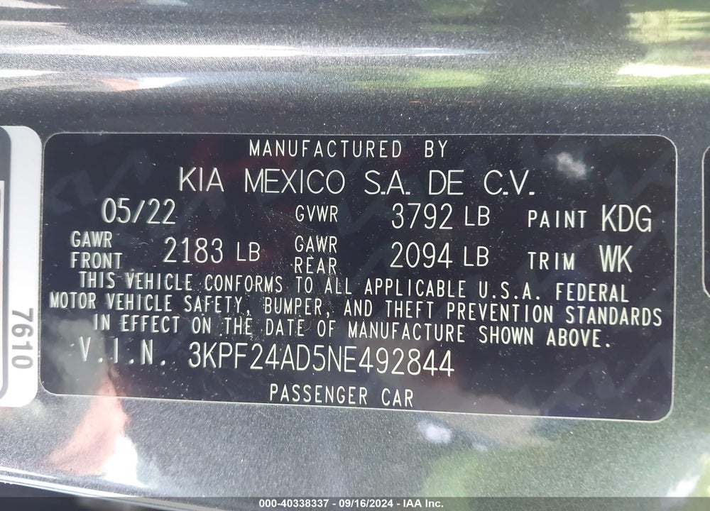 2022 KIA FORTE LXS VIN: 3KPF24AD5NE492844