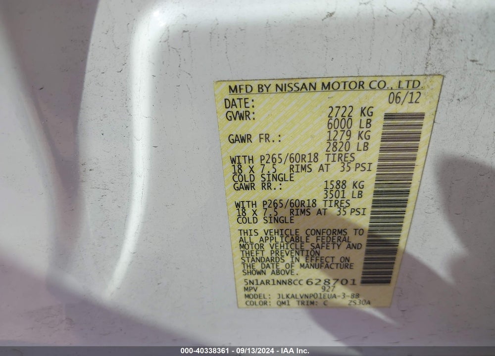 2012 NISSAN PATHFINDER LE VIN: 5N1AR1NN8CC628701