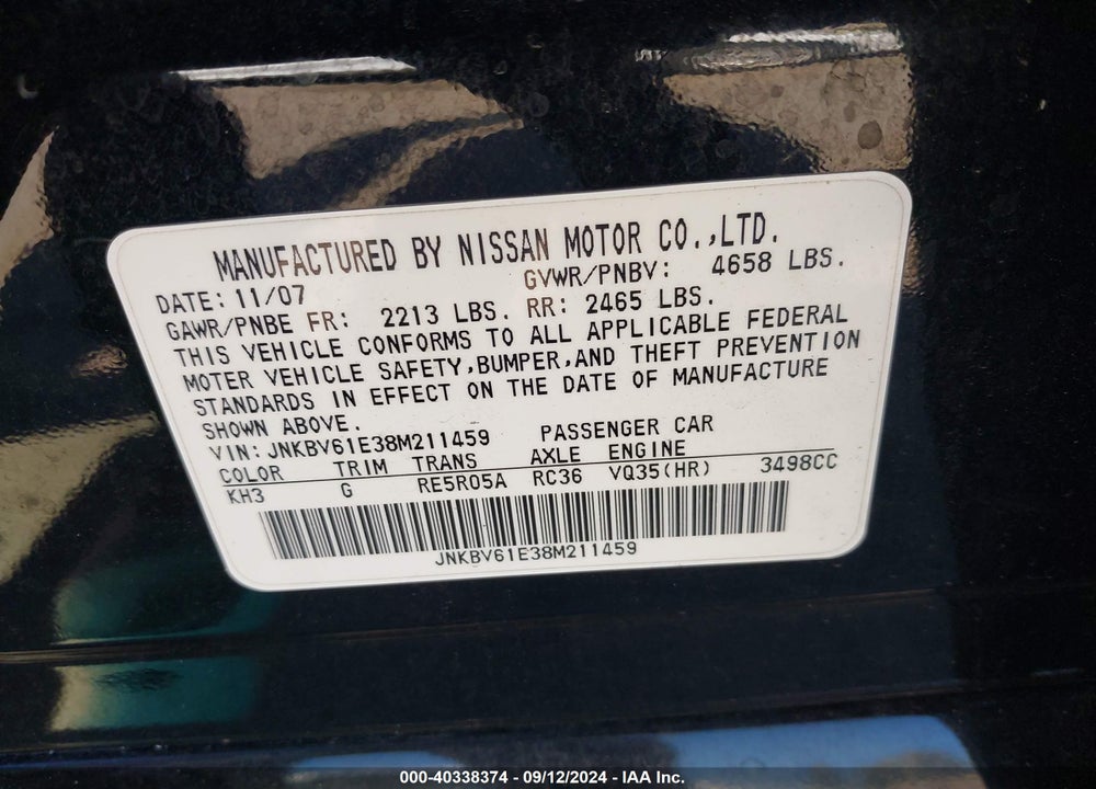 2008 INFINITI G35 JOURNEY VIN: JNKBV61E38M211459