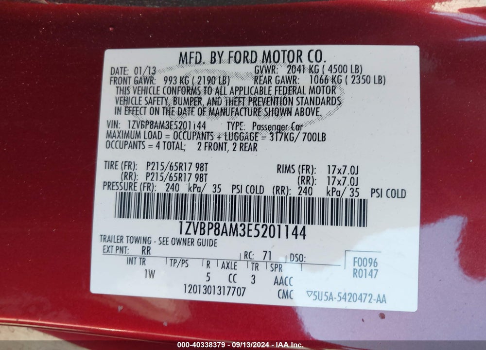 2014 FORD MUSTANG V6 VIN: 1ZVBP8AM3E5201144