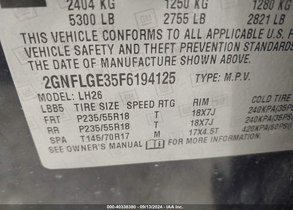 2015 CHEVROLET EQUINOX 2LT VIN: 2GNFLGE35F6194125