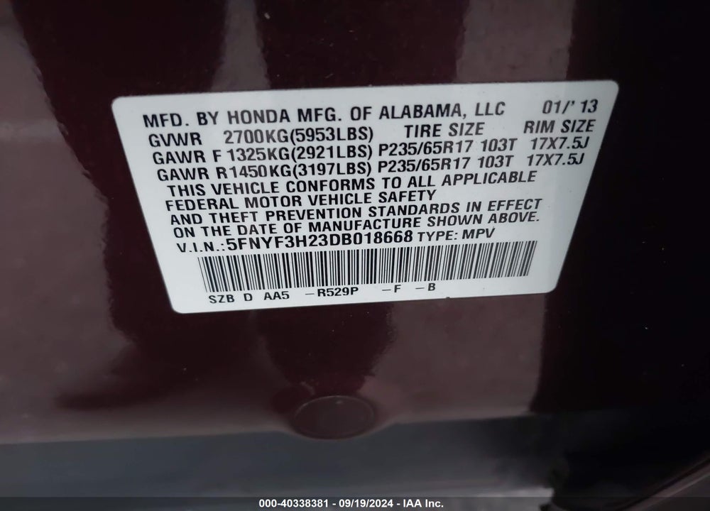2013 HONDA PILOT LX VIN: 5FNYF3H23DB018668