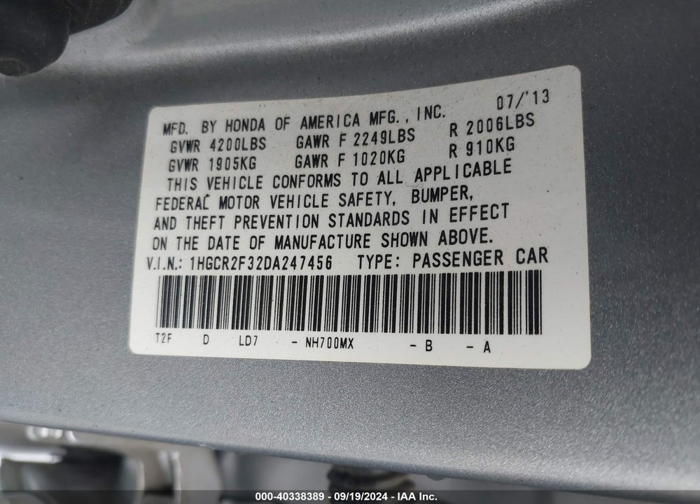 2013 HONDA ACCORD LX VIN: 1HGCR2F32DA247456