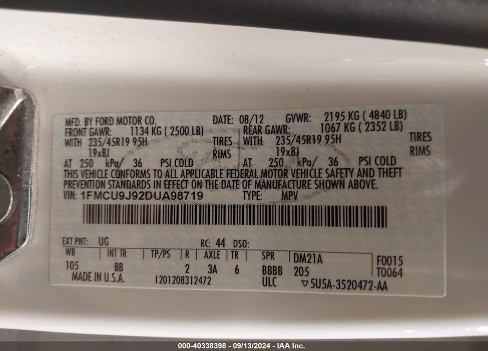 2013 FORD ESCAPE TITANIUM VIN: 1FMCU9J92DUA98719