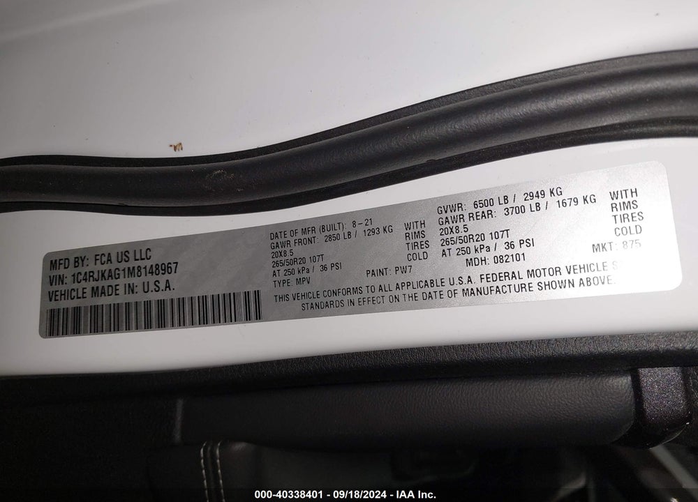 2021 JEEP GRAND CHEROKEE L ALTITUDE 4X4 VIN: 1C4RJKAG1M8148967