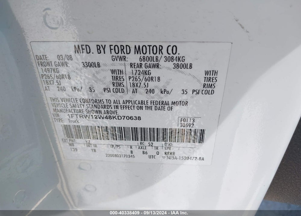2008 FORD F-150 60TH ANNIVERSARY/FX2/XL/XLT VIN: 1FTRW12W48KD70638