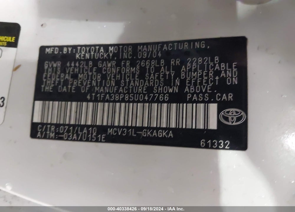 2005 TOYOTA CAMRY SOLARA SLE VIN: 4T1FA38P85U047766