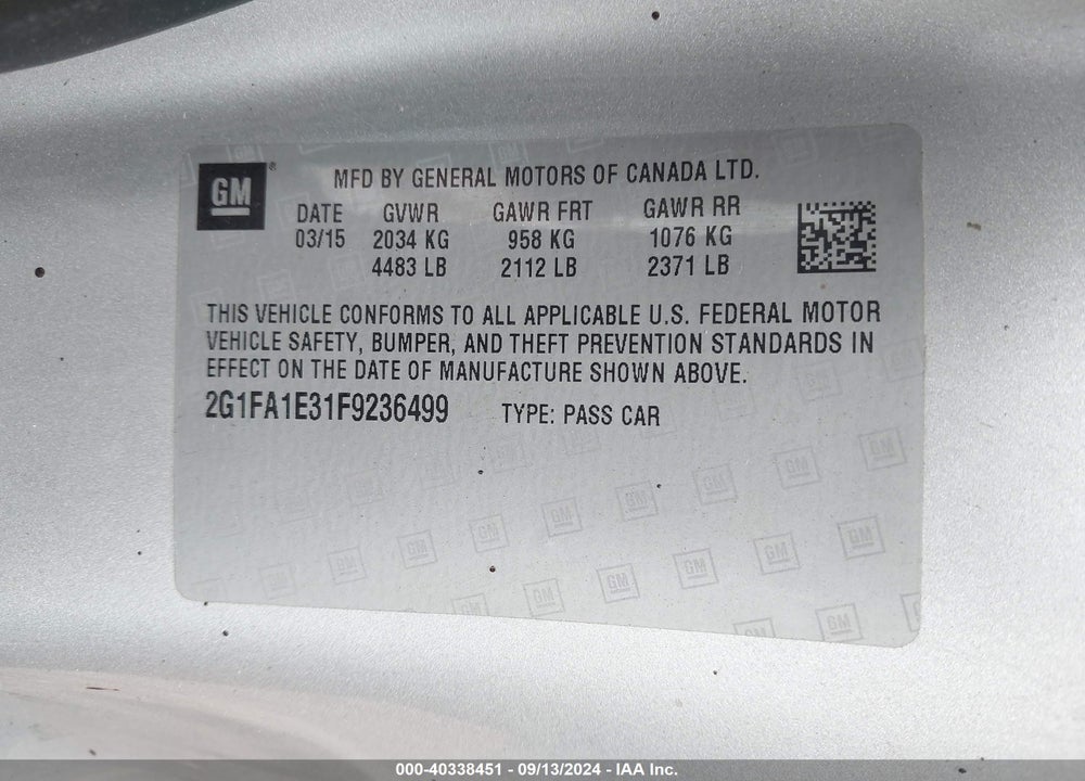 2015 CHEVROLET CAMARO 1LS VIN: 2G1FA1E31F9236499