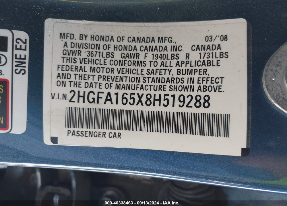 2008 HONDA CIVIC LX VIN: 2HGFA165X8H519288