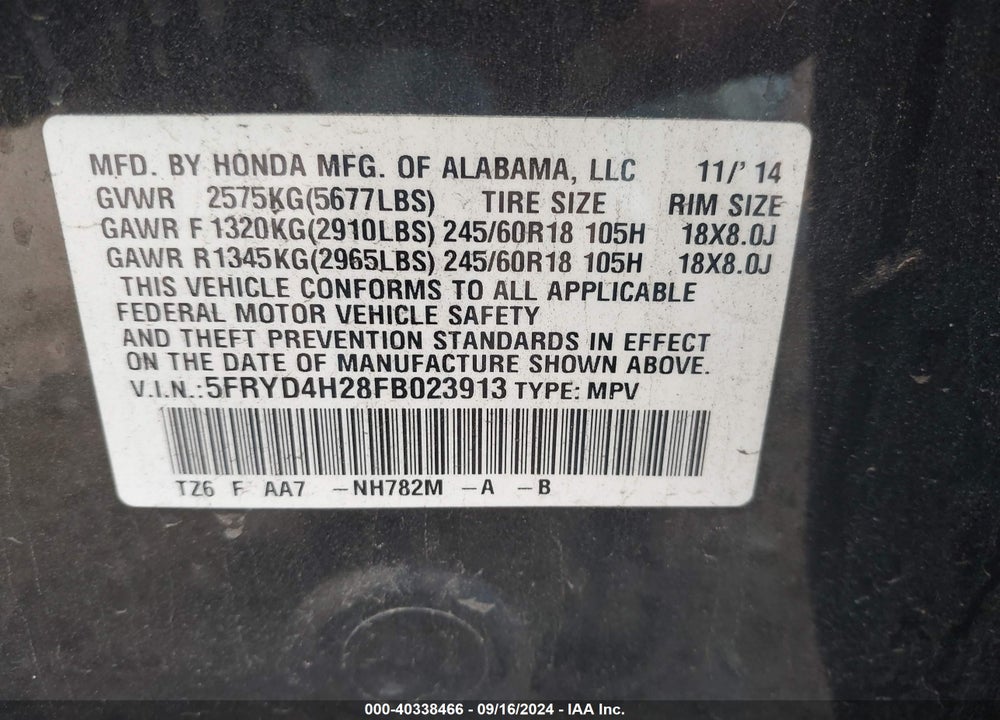 2015 ACURA MDX VIN: 5FRYD4H28FB023913