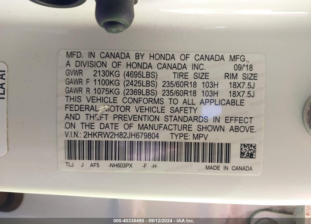 2018 HONDA CR-V EX-L/EX-L NAVI VIN: 2HKRW2H82JH679804