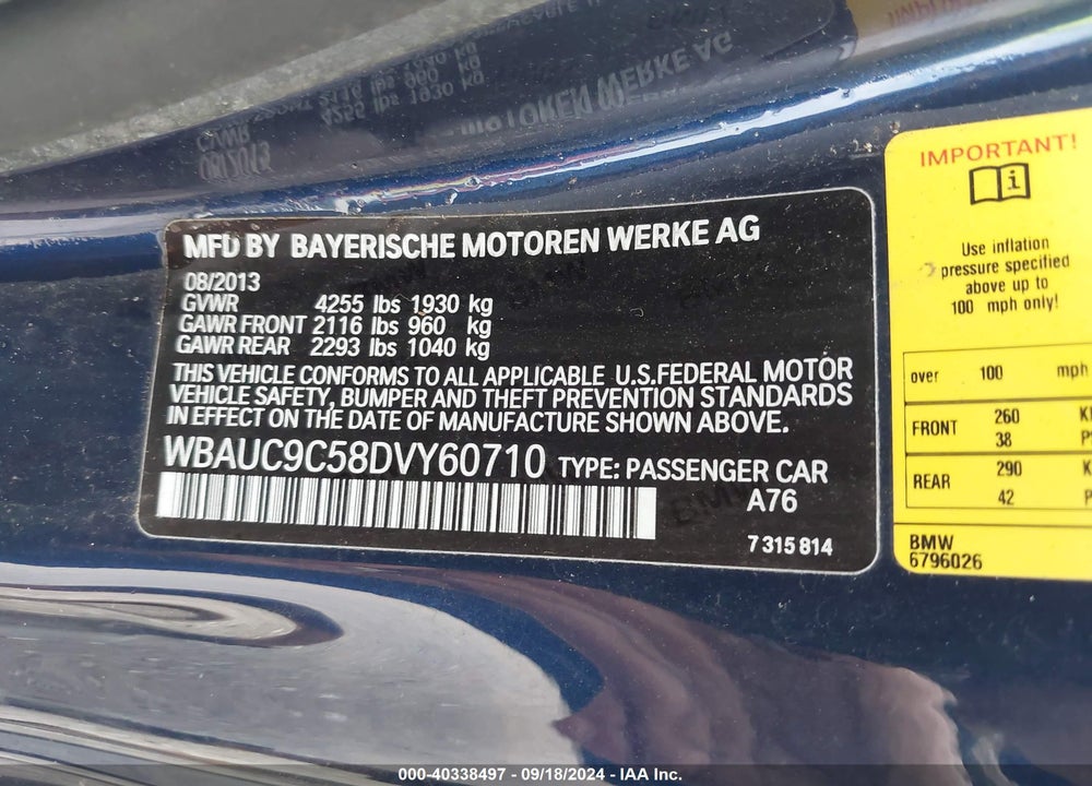 2013 BMW 135I VIN: WBAUC9C58DVY60710