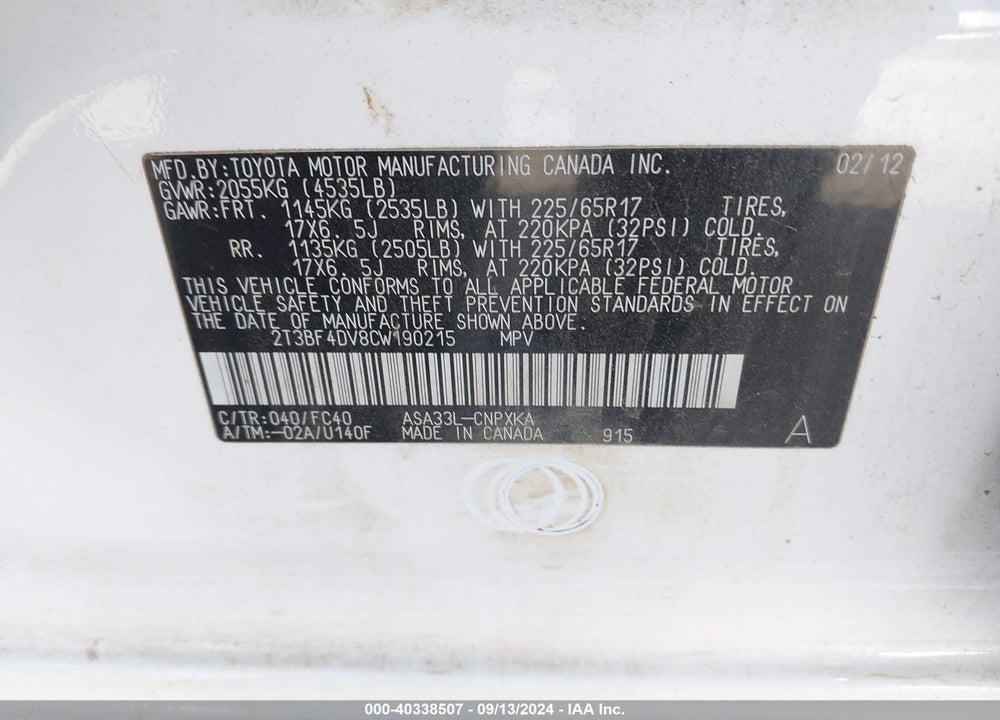 2012 TOYOTA RAV4 VIN: 2T3BF4DV8CW190215