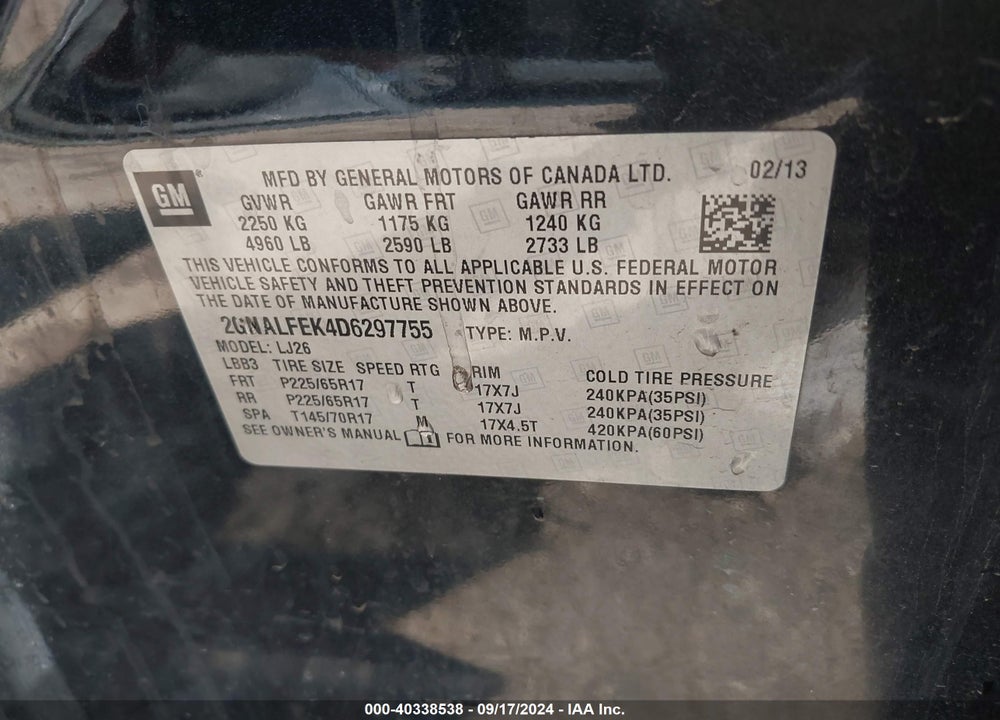2013 CHEVROLET EQUINOX LTZ VIN: 2GNALFEK4D6297755