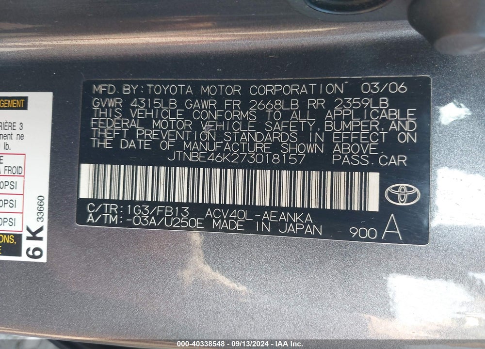 2007 TOYOTA CAMRY LE VIN: JTNBE46K273018157