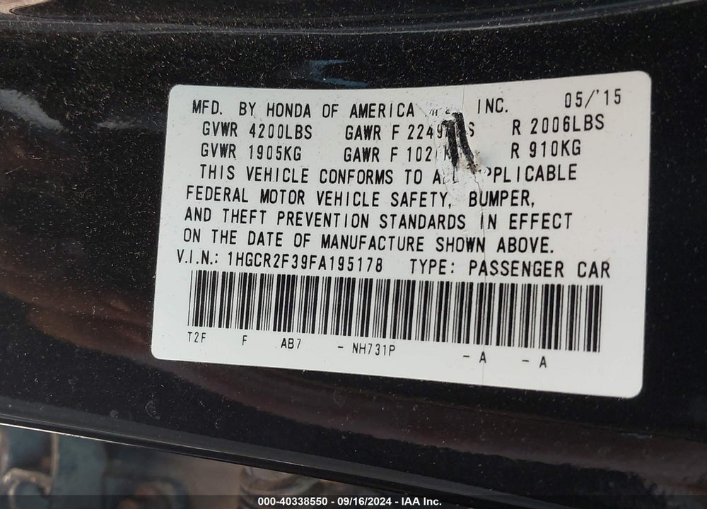 2015 HONDA ACCORD LX VIN: 1HGCR2F39FA195178