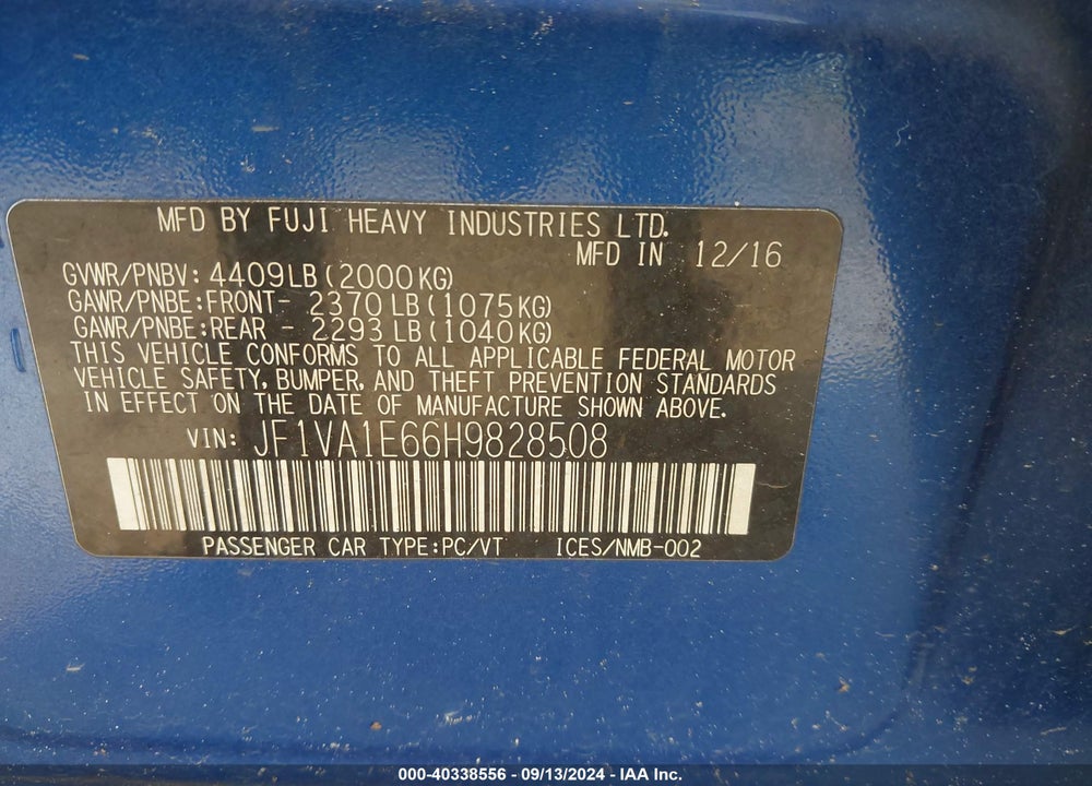 2017 SUBARU WRX PREMIUM VIN: JF1VA1E66H9828508