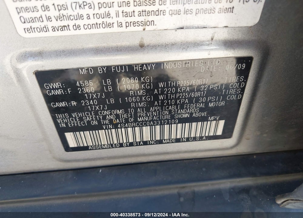 2010 SUBARU OUTBACK 2.5I PREMIUM VIN: 4S4BRCCC0A3312109
