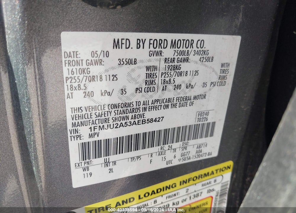 2010 FORD EXPEDITION LIMITED VIN: 1FMJU2A53AEB58427