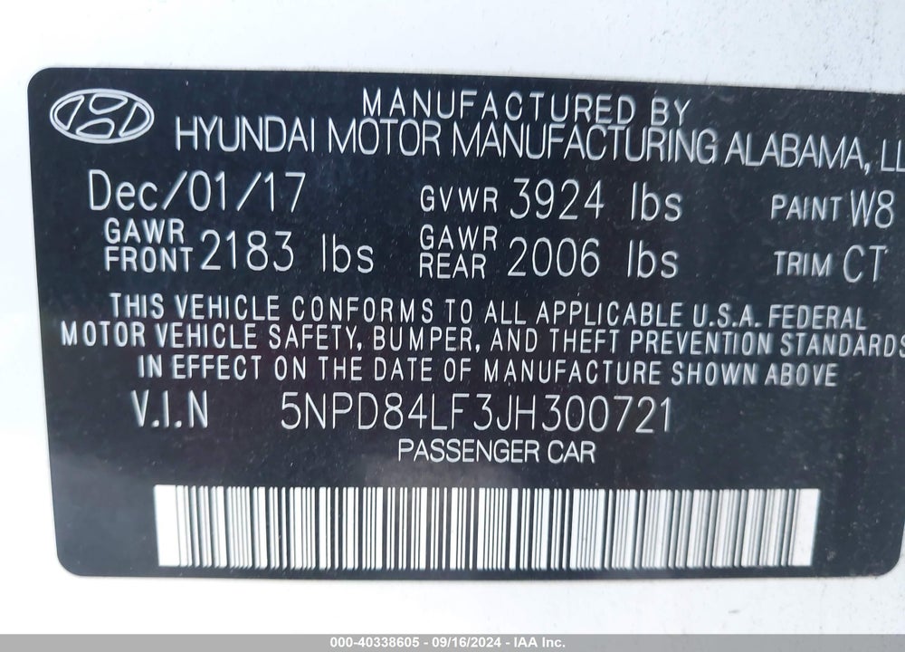 2018 HYUNDAI ELANTRA SEL VIN: 5NPD84LF3JH300721