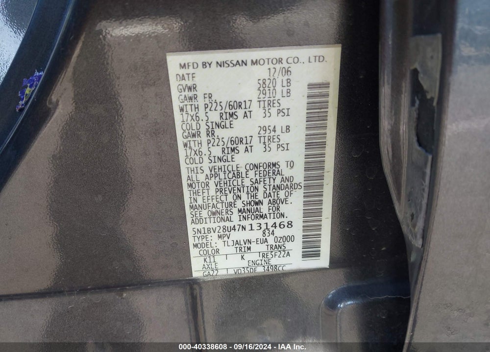 2007 NISSAN QUEST 3.5 SE VIN: 5N1BV28U47N131468