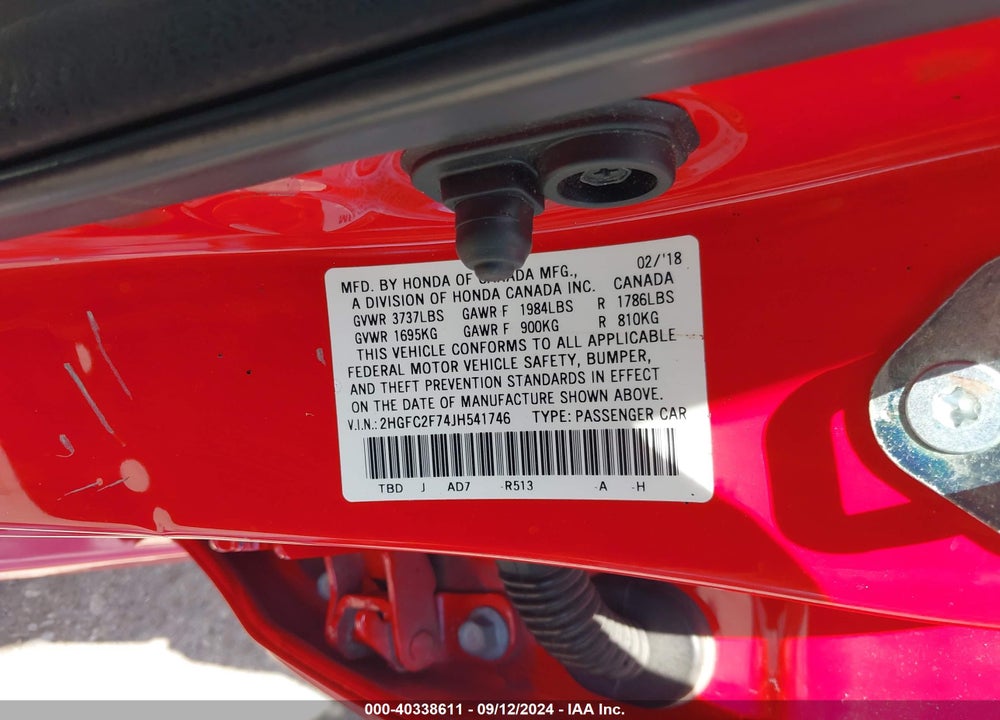 2018 HONDA CIVIC VIN: 2HGFC2F74JH541746