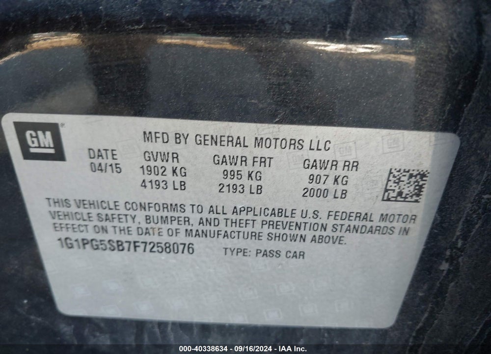 2015 CHEVROLET CRUZE VIN: 1G1PG5SB7F7258076