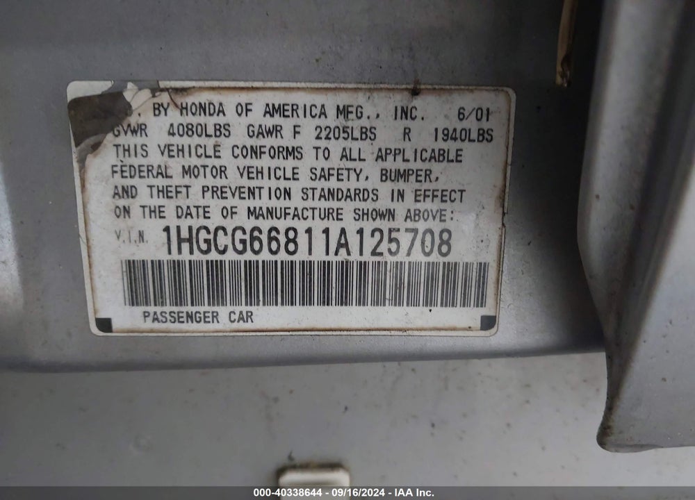 2001 HONDA ACCORD 2.3 EX VIN: 1HGCG66811A125708