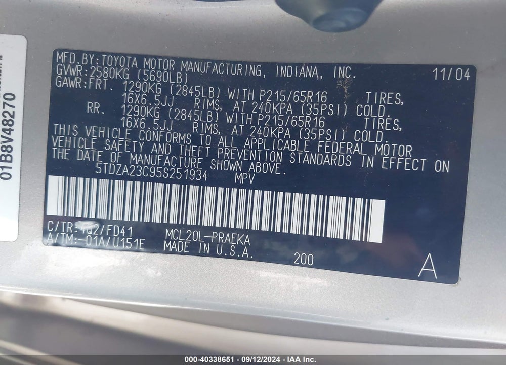 2005 TOYOTA SIENNA CE VIN: 5TDZA23C95S251934