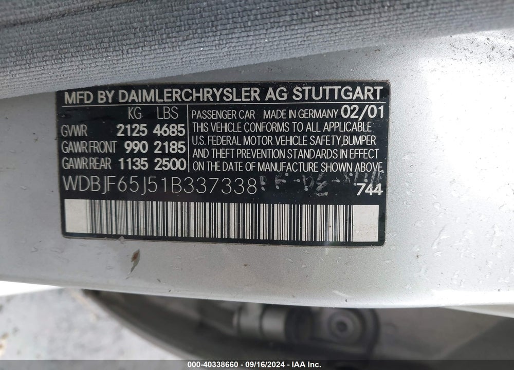 2001 MERCEDES-BENZ E 320 VIN: WDBJF65J51B337338