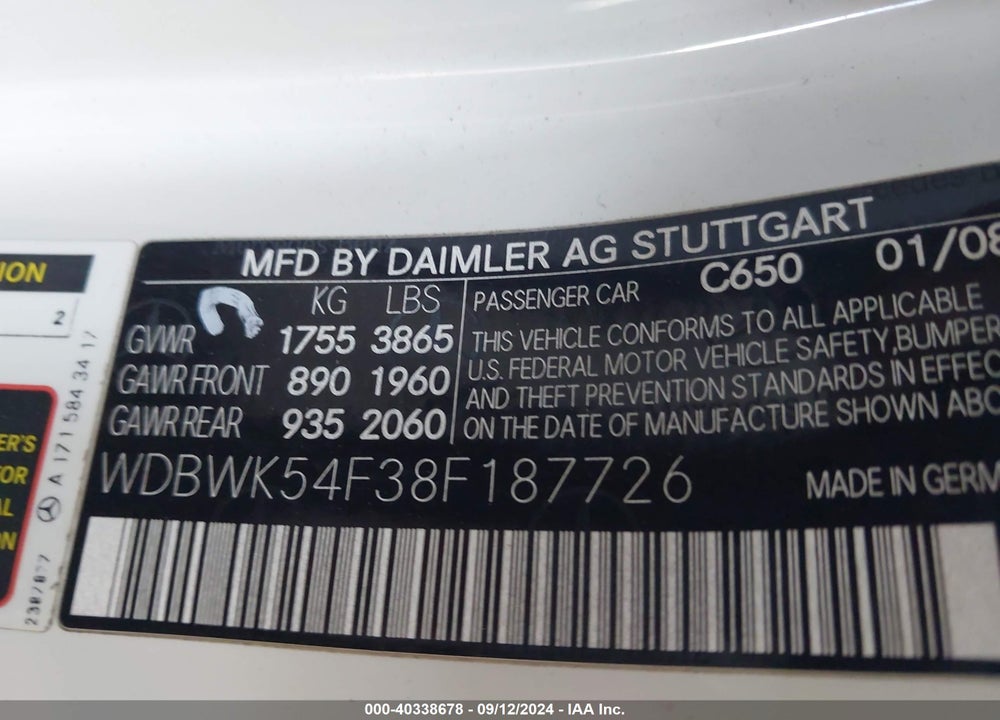 2008 MERCEDES-BENZ SLK 280 VIN: WDBWK54F38F187726