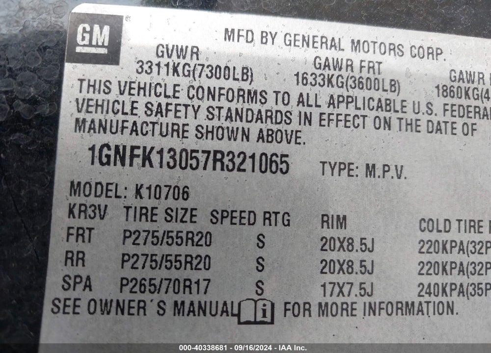 2007 CHEVROLET TAHOE LTZ VIN: 1GNFK13057R321065